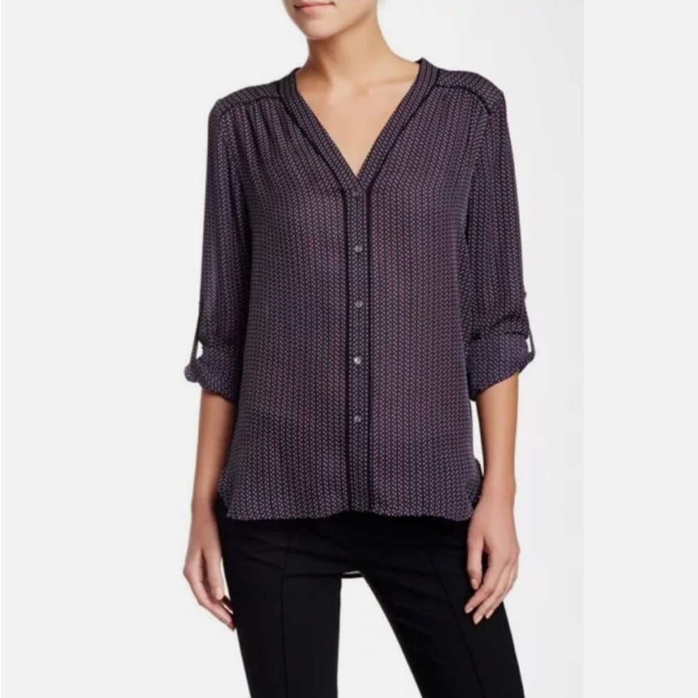 Vince silk blouse, navy and burgundy micro print- XS